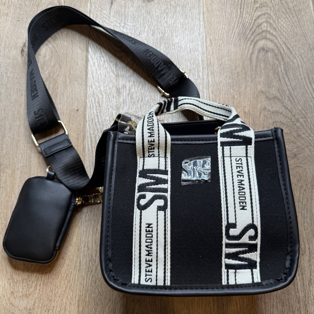 Steve Madden Bwebber Convertible Tote Bag Black White Hardware NWOT